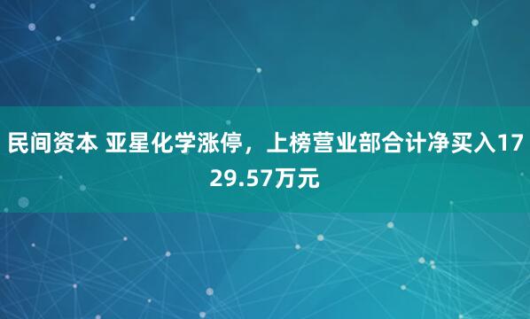 民间资本 亚星化学涨停，上榜营业部合计净买入1729.57万元